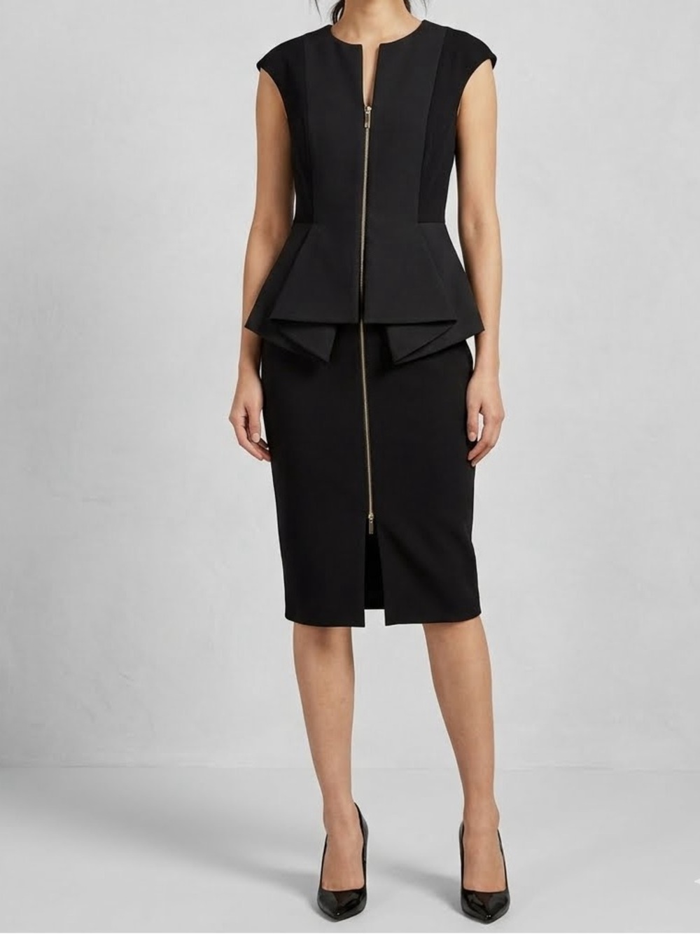 Ted Baker Jumana Black Structured Zip Front Peplum Sheath Dress US 10